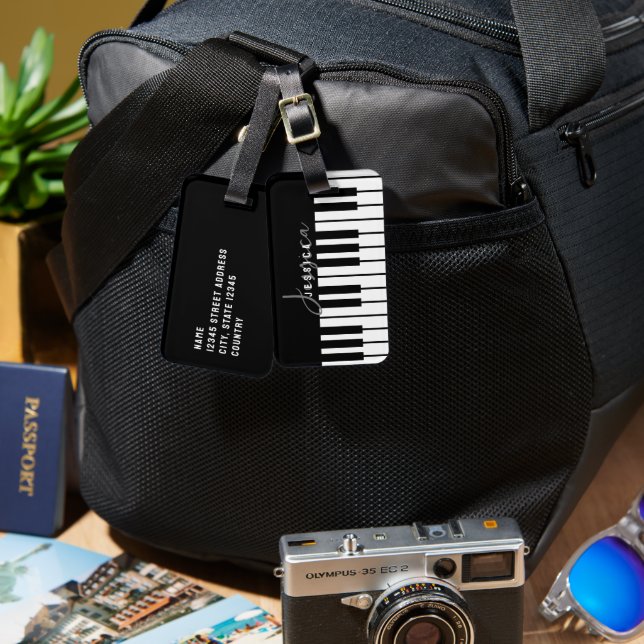 Svartvit Piano Tangentbord Monogram Bagagebricka (Fram & Baksida)