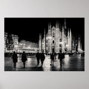 Svartvit plats för DuomoPiazzanatt, Milan Poster