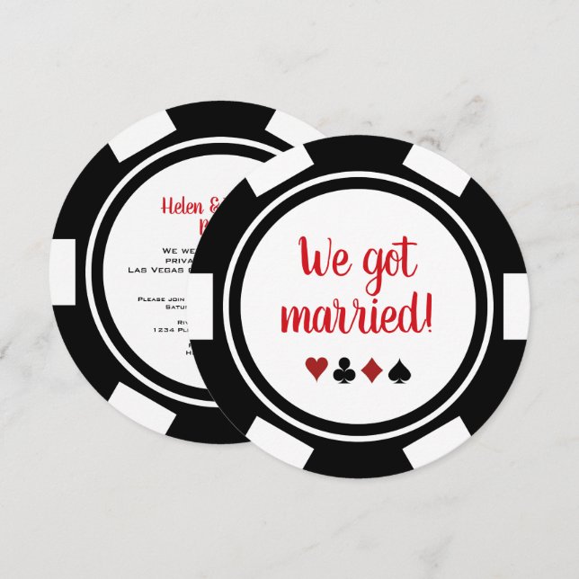 Svartvit Poker Chip Bröllop Elopement Announce Inbjudningar (Fram/baksida)