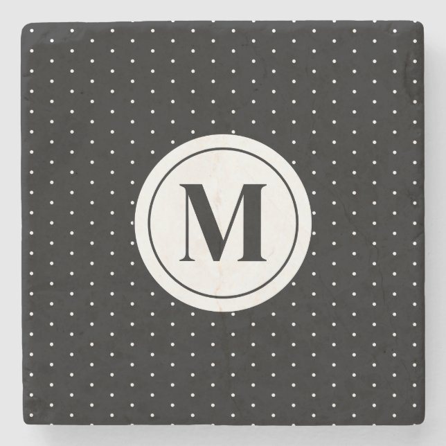 Svartvit polka Dot Mönster Monogram Stenunderlägg (Framsidan)