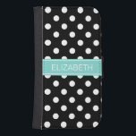 Svartvit Polka dots #2 Turquise Namn Monogram Plånboksfodral<br><div class="desc">Black and White Polka dots Mönster #2, Turquise Aqua Ribbon Namn Monogram-etikett Anpassa detta med ditt namn, monogram eller annan text. Du kan också ändra typsnitt, justera teckenstorlekar och färg, flytta och rotera texten osv. Observera att detta är en digitalt skapat grafisk design som överförs till den underliggande produkten. Själva...</div>
