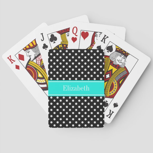 Svartvit Polka dots Aqua Namn Monogram Spelkort (Baksidan)