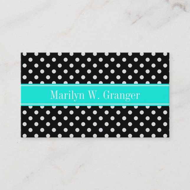 Svartvit Polka dots Aqua Namn Monogram Visitkort (Framsida)