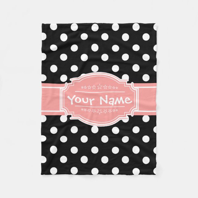 Svartvit Polka dots Coral Personlig Namn Fleecefilt (Framsidan)