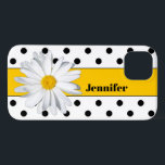 Svartvit Polka dots, Daisy iphone case<br><div class="desc">Den här moderna och trendig svartvita pricken mönster iPhone 13 fodral har ett ljust gyllene gult på den och en stor Shasta-Daisy blomma, tillsammans med malltext som du kan anpassa med ditt monogram, initialer, namn eller annan text. Perfekt för den roligt-älskande unga kvinnan med sass. Om du behöver hjälp kan...</div>