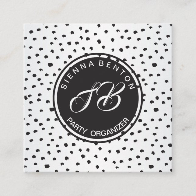 Svartvit polka dots för Monogram Fyrkantigt Visitkort (Framsida)