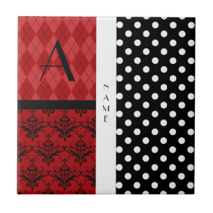 Svartvit polka dots för namn och för monogram kakelplatta