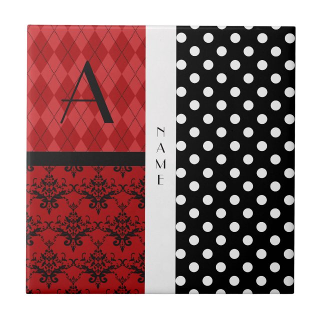 Svartvit polka dots för namn och för monogram kakelplatta (Framsidan)