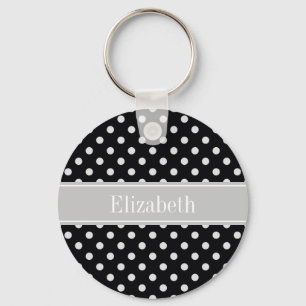 Svartvit Polka dots Grått Namn Monogram Nyckelring