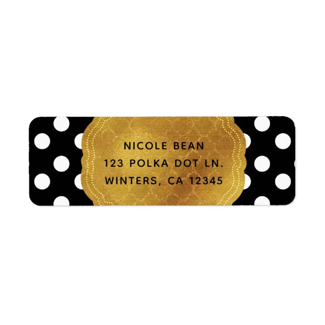 Svartvit Polka dots Guld Glam Party Returadress Etikett (Framsidan)