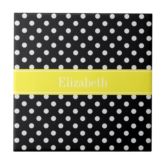 Svartvit Polka dots Gult Namn Monogram Kakelplatta (Framsidan)