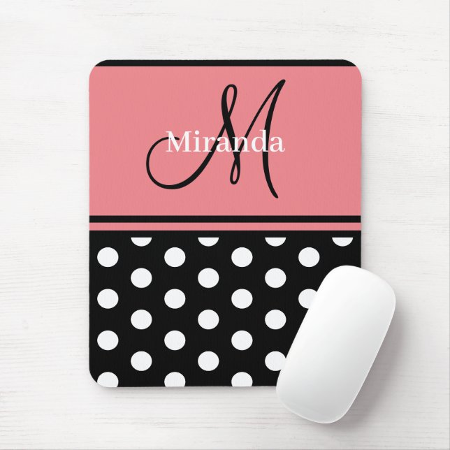 Svartvit Polka dots-monogramskript för Rosa Musmatta (Med mus)