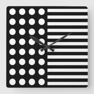 Svartvit Polka dots och Rand Mönster Fyrkantig Klocka