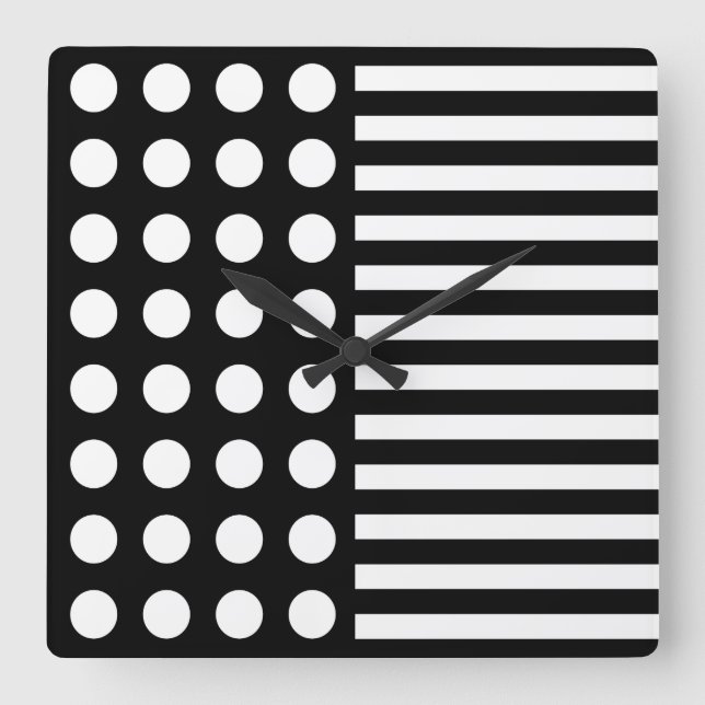 Svartvit Polka dots och Rand Mönster Fyrkantig Klocka (Framsida)
