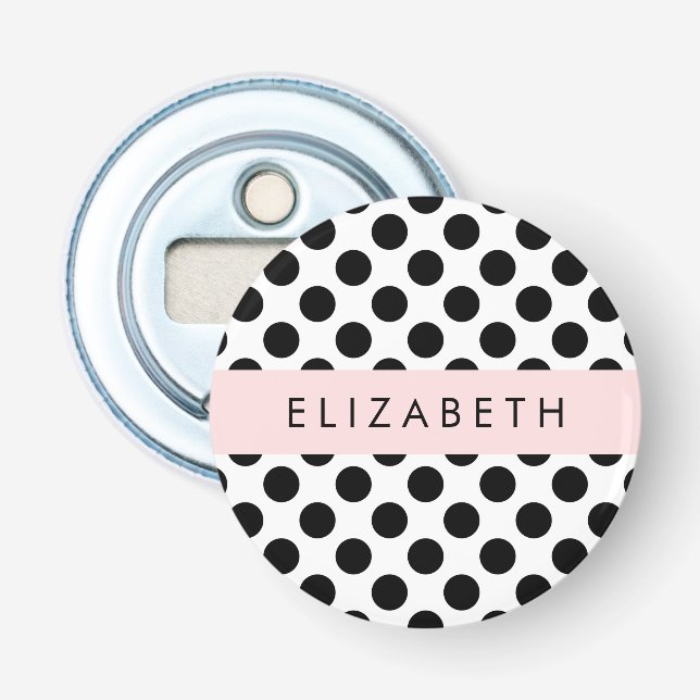 Svartvit Polka dots, prickad, ditt namn Flasköppnare (Framsidan)
