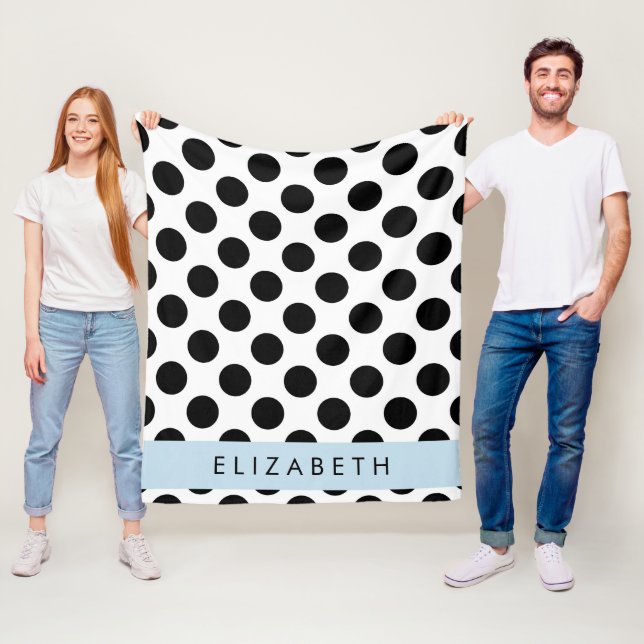 Svartvit Polka dots, prickad, ditt namn Fleecefilt (På plats)
