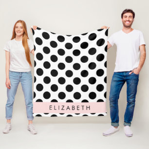 Svartvit Polka dots, prickad, ditt namn Fleecefilt