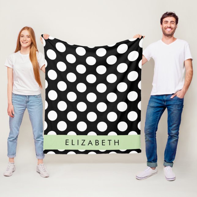 Svartvit Polka dots, prickad, ditt namn Fleecefilt (På plats)