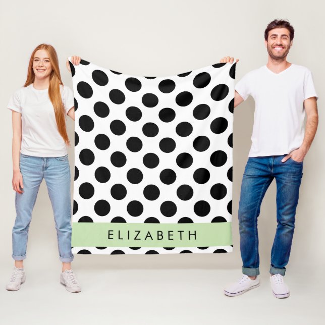Svartvit Polka dots, prickad, ditt namn Fleecefilt (På plats)