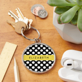 Svartvit Polka dots, prickad, ditt namn Rund Silverfärgad Nyckelring