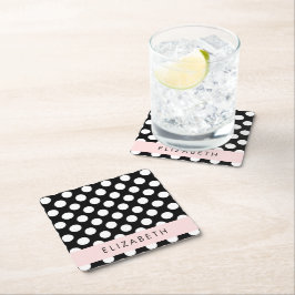 Svartvit Polka dots, prickad, ditt namn Underlägg Papper Kvadrat