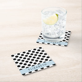 Svartvit Polka dots, prickad, ditt namn Underlägg Papper Kvadrat