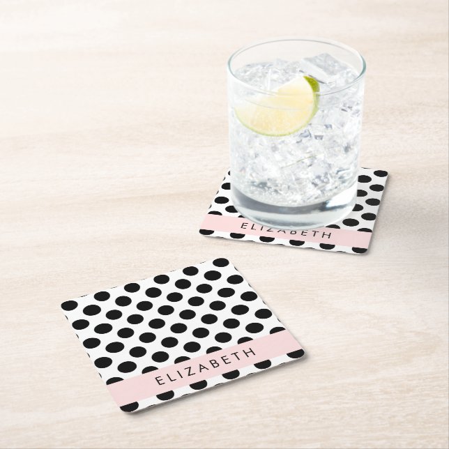 Svartvit Polka dots, prickad, ditt namn Underlägg Papper Kvadrat (Insitu)