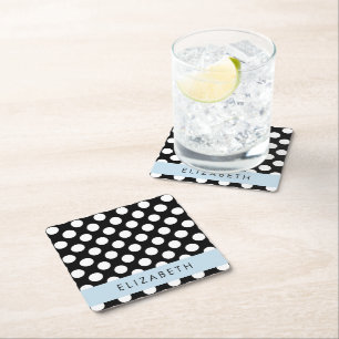 Svartvit Polka dots, prickad, ditt namn Underlägg Papper Kvadrat