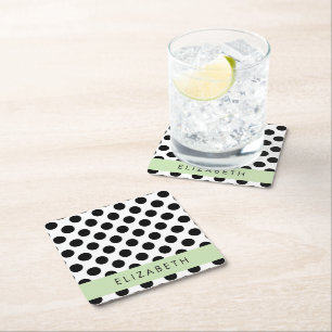 Svartvit Polka dots, prickad, ditt namn Underlägg Papper Kvadrat