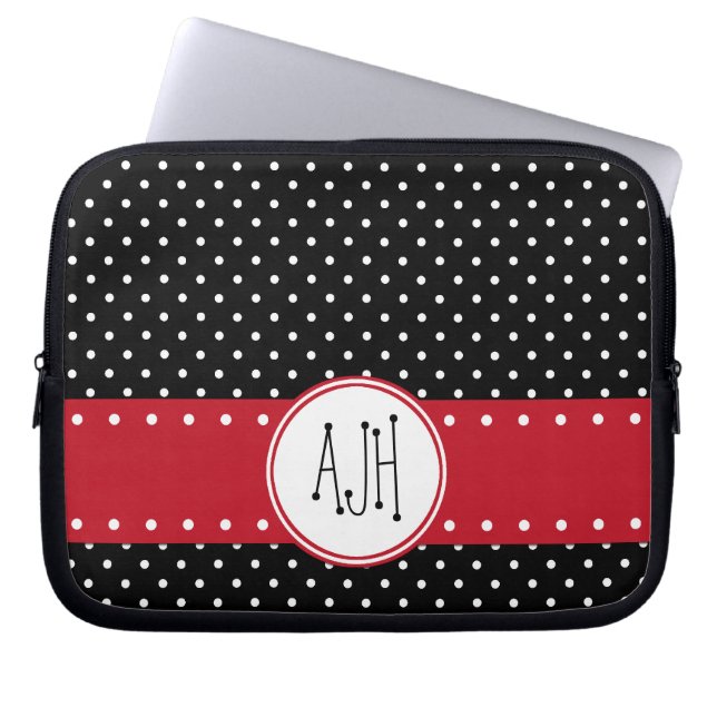 Svartvit Polka dots, prickad, Monogram Laptop Fodral (Framsidan)