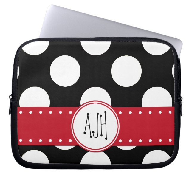 Svartvit Polka dots, prickad, Monogram Laptop Sleeve (Framsidan)