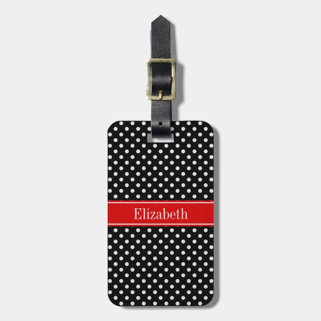 Svartvit Polka dots Red Namn Monogram Bagagebricka (Vertikal Framsida)