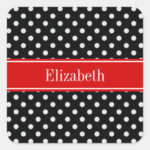 Svartvit Polka dots Red Namn Monogram Fyrkantigt Klistermärke