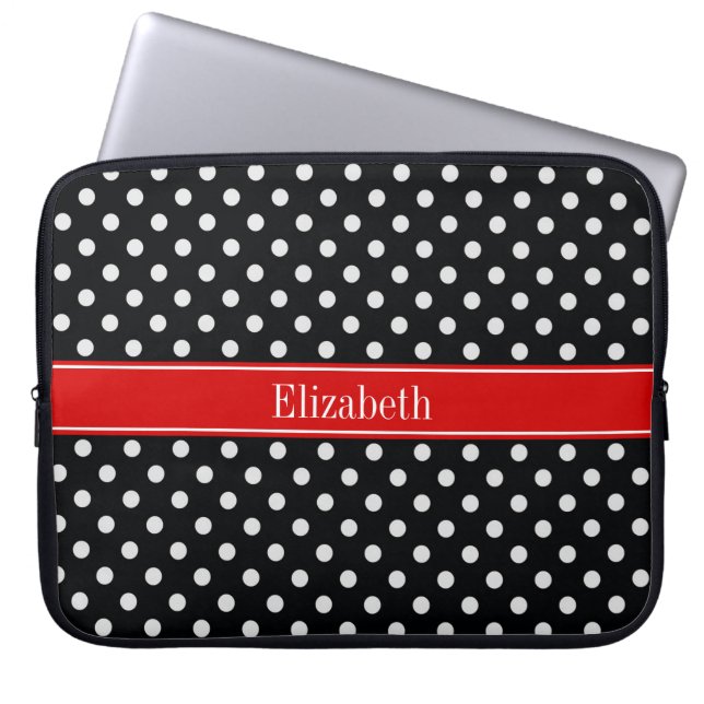 Svartvit Polka dots Red Namn Monogram Laptop Sleeve (Framsidan)