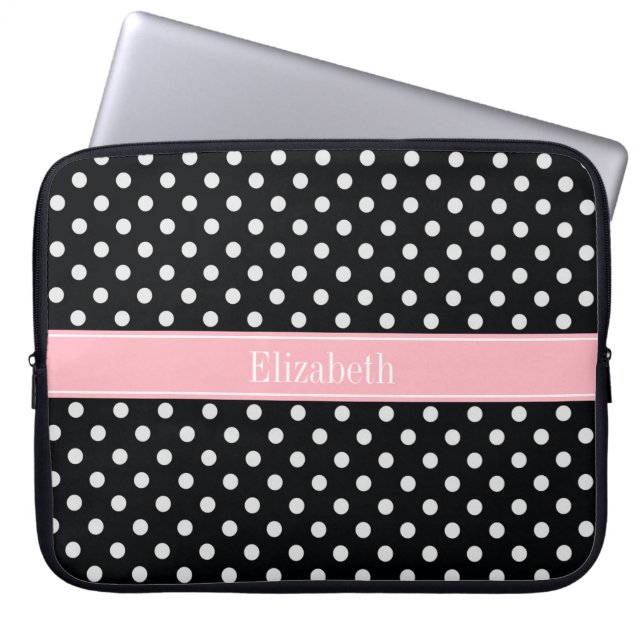 Svartvit Polka dots Rosa Namn Monogram Laptop Sleeve (Framsidan)