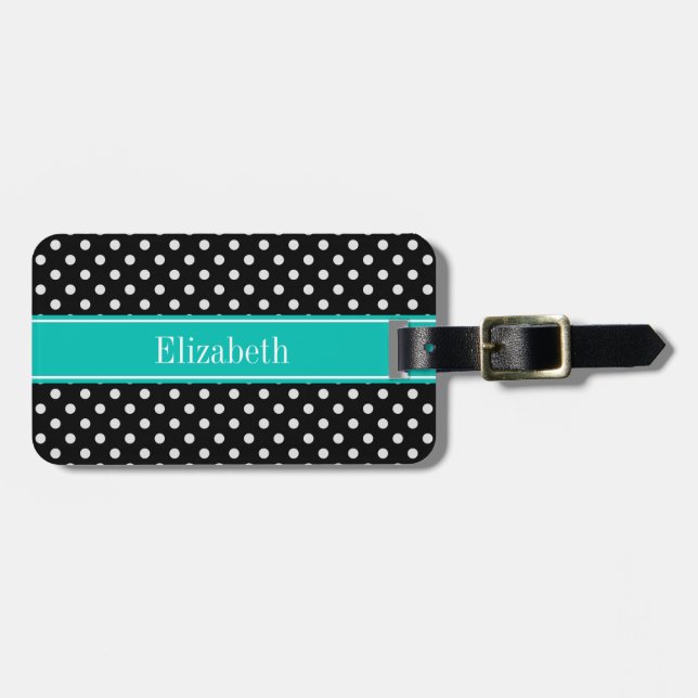 Svartvit Polka dots Teal Namn Monogram Bagagebricka (Horisontell Framsida)