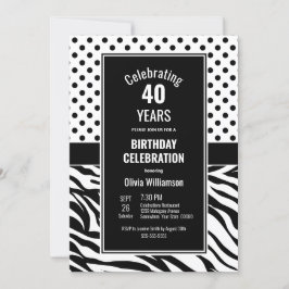Svartvit polka punkt 40:e födelsedagen Party Inbjudningar