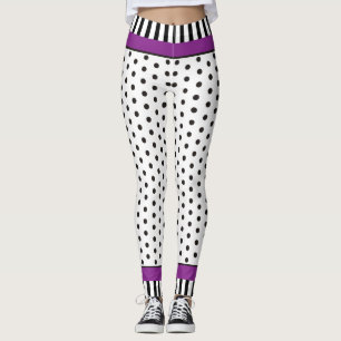 Svartvit polka punkt mönster & rand lila leggings