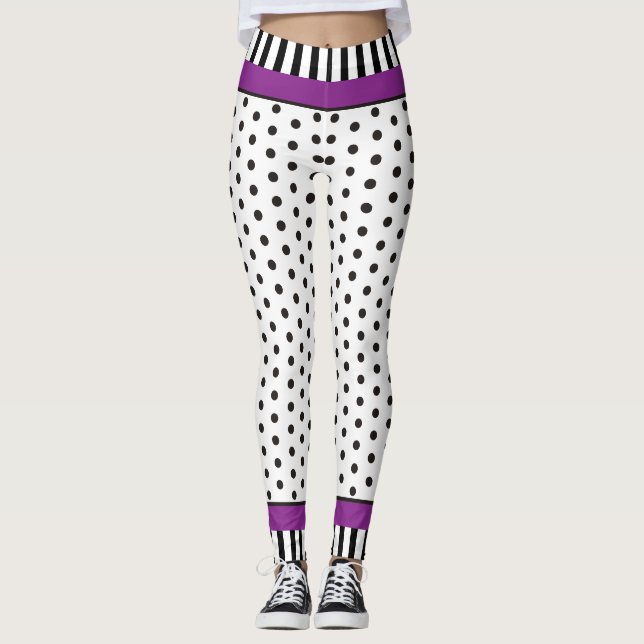 Svartvit polka punkt mönster & rand lila leggings (Framsida)