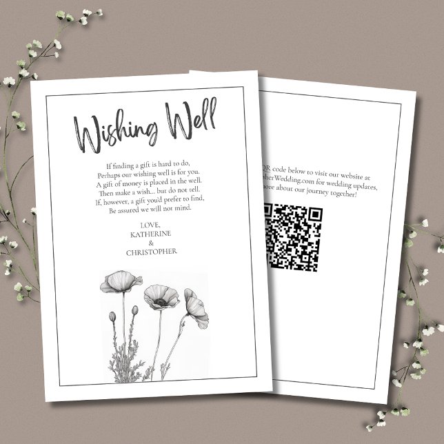 Svartvit poppies Elegant bröllop Wishing-brunn Tilläggskort (Elegant Wedding Wishing Well Enclosure Card with White Poppies & QR Code for wedding website.)