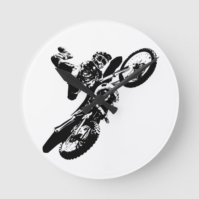 Svartvit poppost konst Motocross Motorcyle Sport Rund Klocka (Framsida)