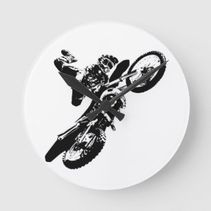 Svartvit poppost konst Motocross Motorcyle Sport Rund Klocka