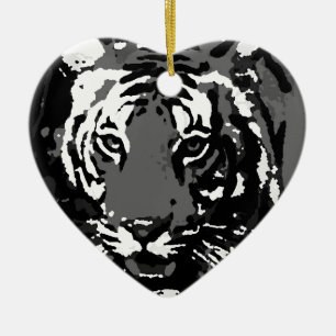Svartvit popup-tiger julgransprydnad keramik