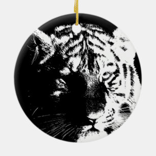 Svartvit popup-tiger julgransprydnad keramik