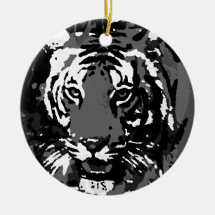 Svartvit popup-tiger julgransprydnad keramik