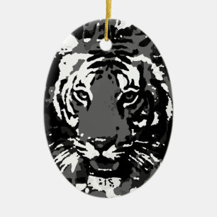 Svartvit popup-tiger julgransprydnad keramik