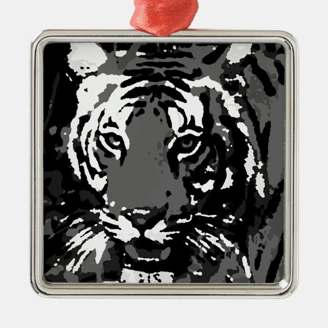 Svartvit popup-tiger julgransprydnad metall (Framsidan)