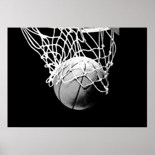 Svartvit Poster för Basketball Boll och Net Print