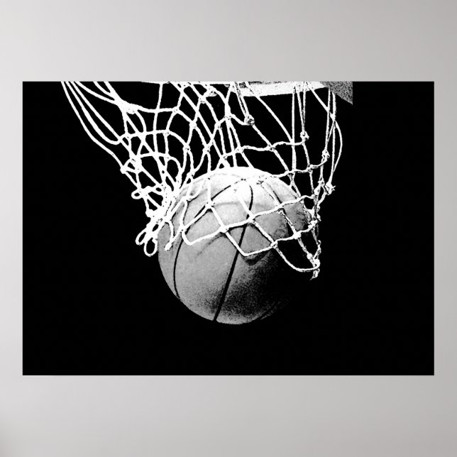 Svartvit Poster för Basketball Boll och Net Print (Framsidan)