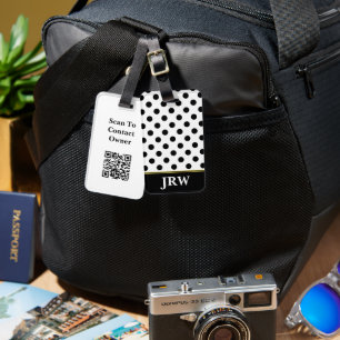 Svartvit prit Mönster Monogram QR-kod Bagagebricka